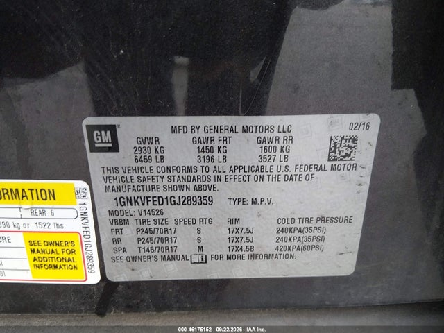 Продаж на аукціоні авто 2016 Chevrolet Traverse Ls, vin: 1GNKVFED1GJ289359, номер лоту: 46175152