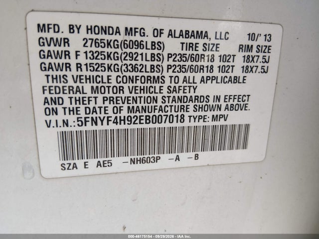 Aukcja sprzedaży 2014 Honda Pilot Touring, vin: 5FNYF4H92EB007018, numer aukcji: 46175154