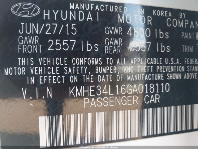 2016 Hyundai Sonata Hybrid Limited მანქანა იყიდება აუქციონზე, vin: KMHE34L16GA018110, აუქციონის ნომერი: 46175167