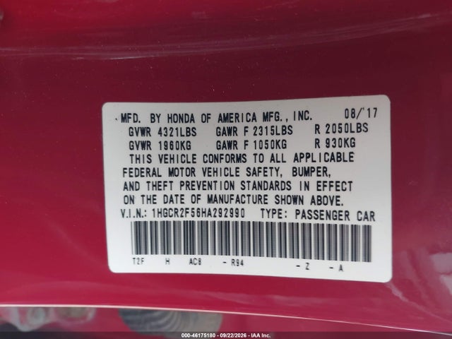 Продажа на аукционе авто 2017 Honda Accord Sport, vin: 1HGCR2F56HA292990, номер лота: 46175180
