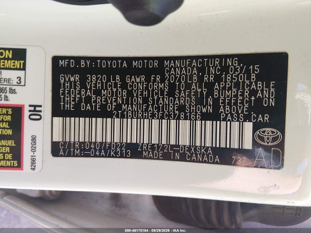 Aukcja sprzedaży 2015 Toyota Corolla S Plus, vin: 2T1BURHE3FC378166, numer aukcji: 46175184