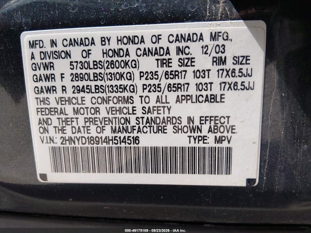 Продажа на аукционе авто 2004 Acura Mdx, vin: 2HNYD18914H514516, номер лота: 46175189