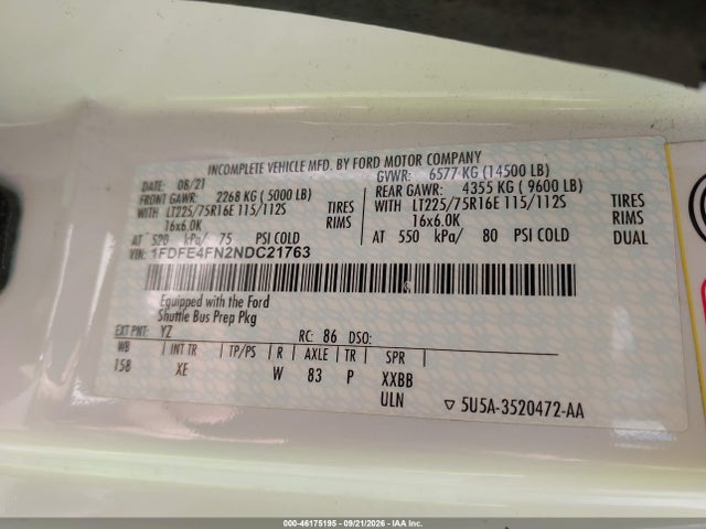46175195 :رقم المزاد ، 1FDFE4FN2NDC21763 vin ، 2022 Ford E-450 Cutaway مزاد بيع