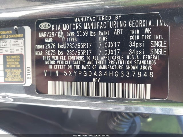 Aukcja sprzedaży 2017 Kia Sorento 2.4l Lx, vin: 5XYPGDA34HG337948, numer aukcji: 46175197