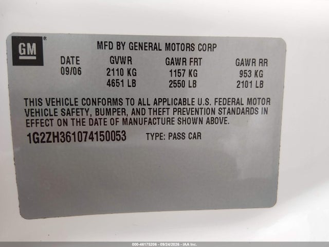 2007 Pontiac G6 Gt მანქანა იყიდება აუქციონზე, vin: 1G2ZH361074150053, აუქციონის ნომერი: 46175206
