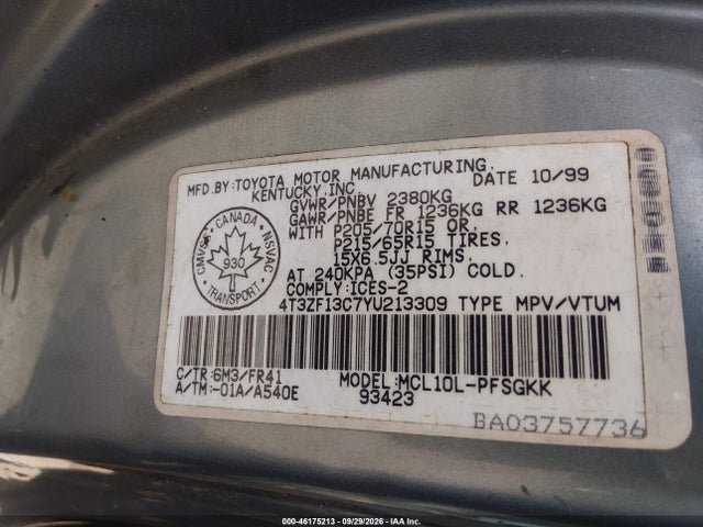 Продажа на аукционе авто 2000 Toyota Sienna Le/xle, vin: 4T3ZF13C7YU213309, номер лота: 46175213