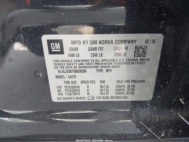 2016 Buick Encore მანქანა იყიდება აუქციონზე, vin: KL4CJESB7GB636266, აუქციონის ნომერი: 46175218