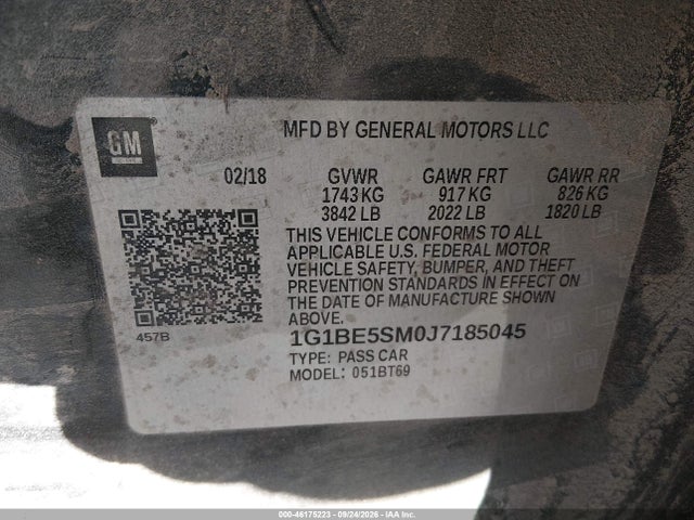 46175223 :رقم المزاد ، 1G1BE5SM0J7185045 vin ، 2018 Chevrolet Cruze Lt Auto مزاد بيع