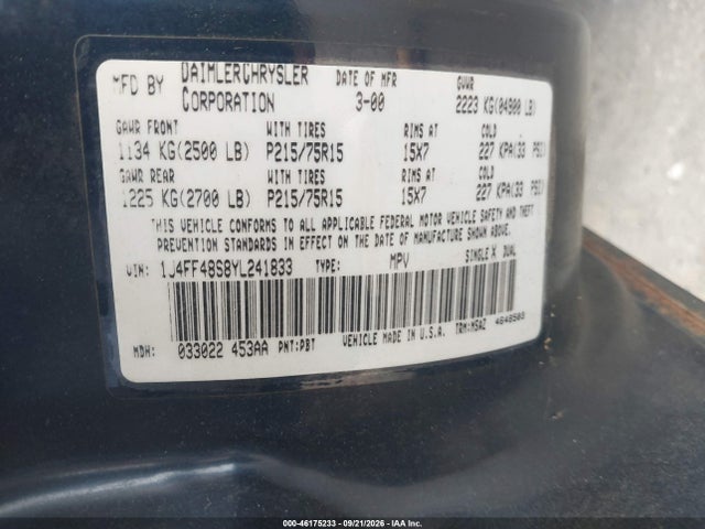 Продажа на аукционе авто 2000 Jeep Cherokee Sport, vin: 1J4FF48S8YL241833, номер лота: 46175233