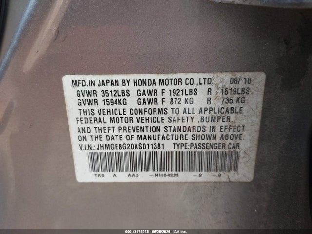 Продаж на аукціоні авто 2010 Honda Fit, vin: JHMGE8G20AS011381, номер лоту: 46175235