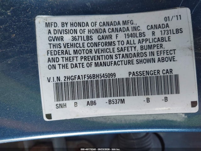 46175248 :رقم المزاد ، 2HGFA1F56BH545099 vin ، 2011 Honda Civic Lx مزاد بيع