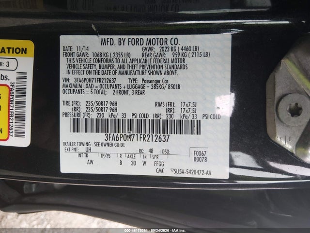 Продаж на аукціоні авто 2015 Ford Fusion Se, vin: 3FA6P0H71FR212637, номер лоту: 46175261