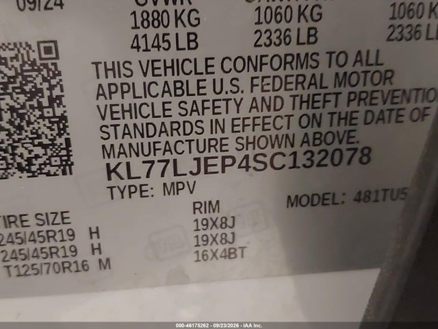 46175262 :رقم المزاد ، KL77LJEP4SC132078 vin ، 2025 Chevrolet Trax Fwd 2rs مزاد بيع