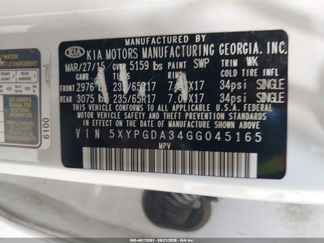 2016 Kia Sorento 2.4l Lx მანქანა იყიდება აუქციონზე, vin: 5XYPGDA34GG045165, აუქციონის ნომერი: 46175263