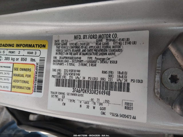 Продаж на аукціоні авто 2013 Ford Fusion Titanium, vin: 3FA6P0K93DR244948, номер лоту: 46175266