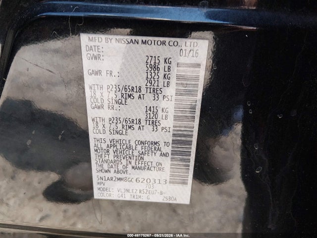 Aukcja sprzedaży 2016 Nissan Pathfinder Platinum/s/sl/sv, vin: 5N1AR2MM8GC620313, numer aukcji: 46175267