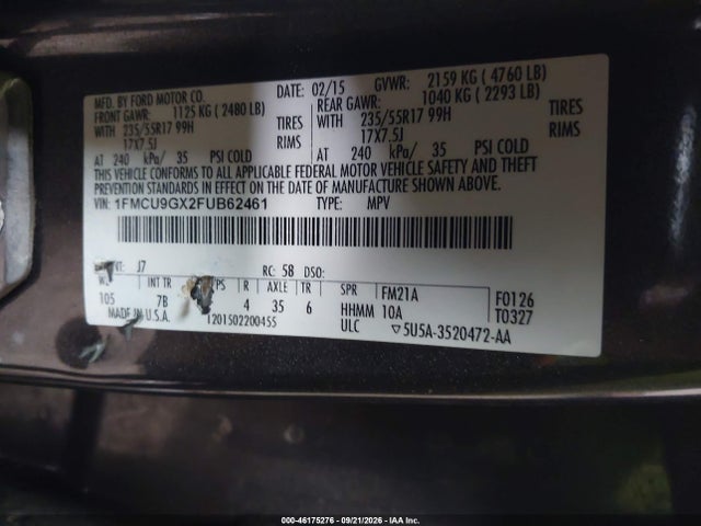 46175276 :رقم المزاد ، 1FMCU9GX2FUB62461 vin ، 2015 Ford Escape Se مزاد بيع