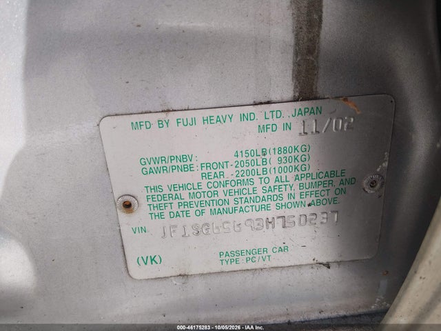Aukcja sprzedaży 2003 Subaru Forester Xs, vin: JF1SG65693H750237, numer aukcji: 46175283