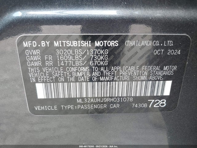 Продажа на аукционе авто 2024 Mitsubishi Mirage Es/le, vin: ML32AUHJ9RH031078, номер лота: 46175285