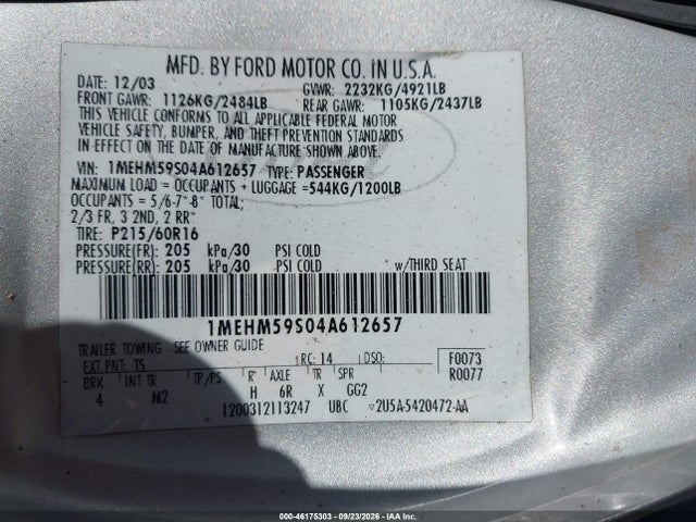 Aukcja sprzedaży 2004 Mercury Sable Ls Premium, vin: 1MEHM59S04A612657, numer aukcji: 46175303