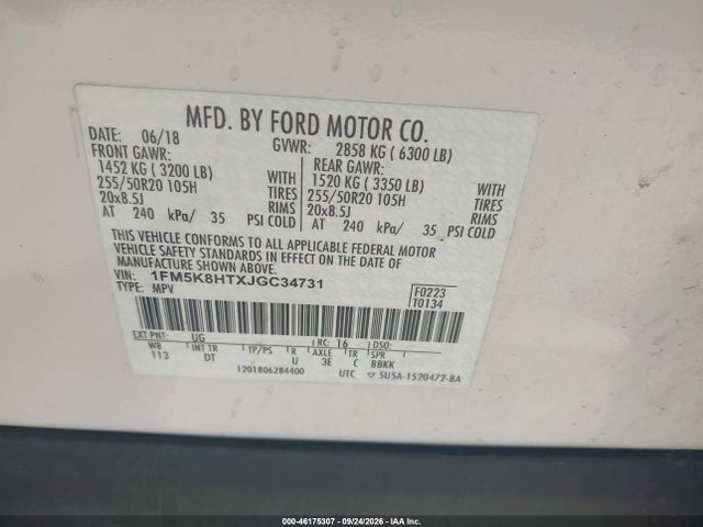 Продажа на аукционе авто 2018 Ford Explorer Platinum, vin: 1FM5K8HTXJGC34731, номер лота: 46175307