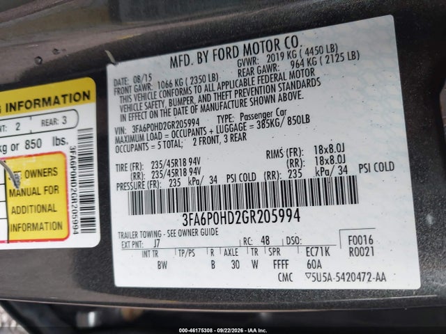 2016 Ford Fusion Se მანქანა იყიდება აუქციონზე, vin: 3FA6P0HD2GR205994, აუქციონის ნომერი: 46175308
