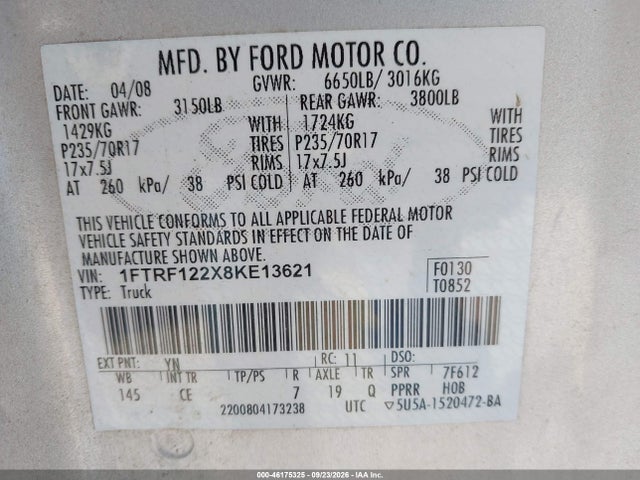 Aukcja sprzedaży 2008 Ford F-150 Stx/xl/xlt, vin: 1FTRF122X8KE13621, numer aukcji: 46175325