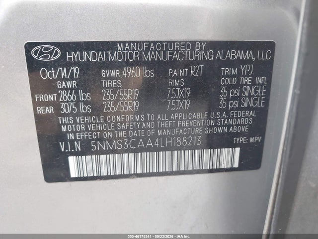 2020 Hyundai Santa Fe Sel 2.0t მანქანა იყიდება აუქციონზე, vin: 5NMS3CAA4LH188213, აუქციონის ნომერი: 46175341