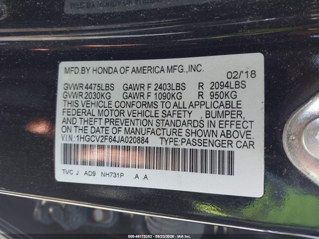Aukcja sprzedaży 2018 Honda Accord Ex-l 2.0t, vin: 1HGCV2F64JA020884, numer aukcji: 46175352