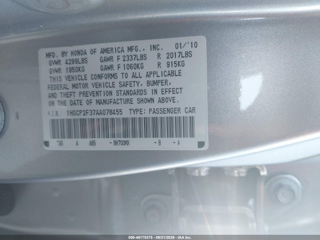 Aukcja sprzedaży 2010 Honda Accord 2.4 Lx, vin: 1HGCP2F37AA078455, numer aukcji: 46175375