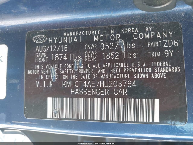 46175387 :رقم المزاد ، KMHCT4AE7HU203764 vin ، 2017 Hyundai Accent Se مزاد بيع
