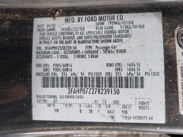 Aukcja sprzedaży 2007 Ford Fusion Se, vin: 3FAHP07Z27R239150, numer aukcji: 46175390