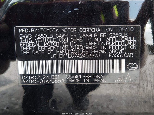 Aukcja sprzedaży 2010 Lexus Es 350, vin: JTHBK1EG7A2403573, numer aukcji: 46175407