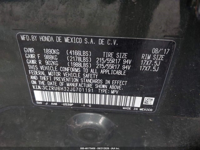 46175408 :رقم المزاد ، 3CZRU6H32JG701191 vin ، 2018 Honda Hr-v Lx مزاد بيع