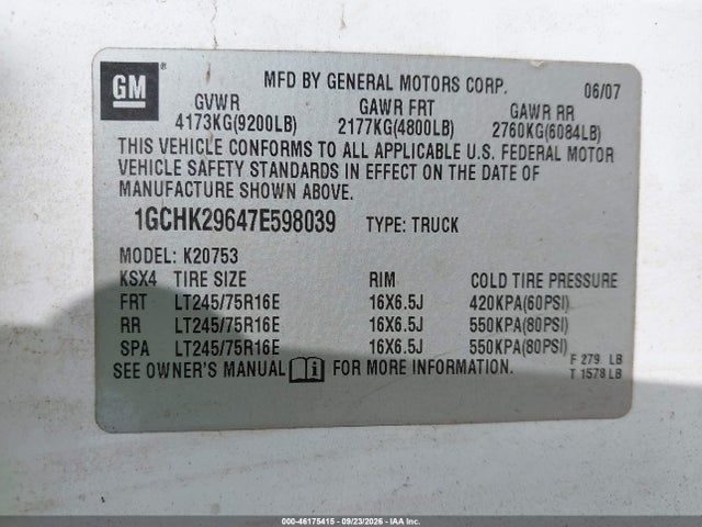 46175415 :رقم المزاد ، 1GCHK29647E598039 vin ، 2007 Chevrolet Silverado 2500hd Work Truck مزاد بيع