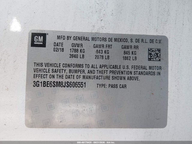 Auction sale of the 2018 Chevrolet Cruze Lt Auto, vin: 3G1BE6SM8JS606551, lot number: 46175420