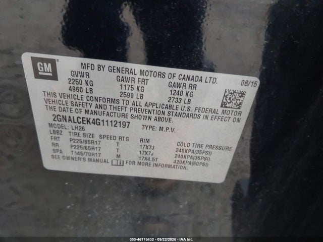46175432 :رقم المزاد ، 2GNALCEK4G1112197 vin ، 2016 Chevrolet Equinox Lt مزاد بيع