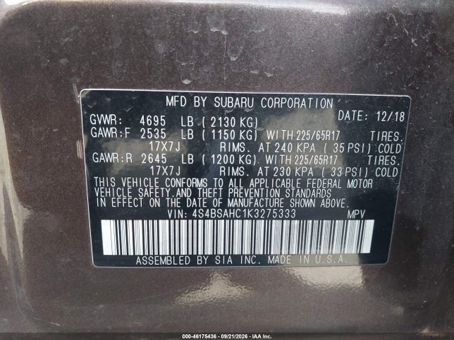 2019 Subaru Outback 2.5i Premium მანქანა იყიდება აუქციონზე, vin: 4S4BSAHC1K3275333, აუქციონის ნომერი: 46175436