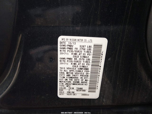Продаж на аукціоні авто 2014 Nissan Murano Le, vin: JN8AZ1MW9EW506143, номер лоту: 46175437