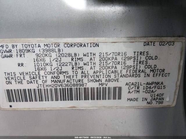 46175458 :رقم المزاد ، JTEHH20V636088987 vin ، 2003 Toyota Rav4 مزاد بيع