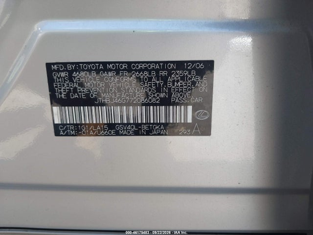 Aukcja sprzedaży 2007 Lexus Es 350, vin: JTHBJ46G772086082, numer aukcji: 46175483