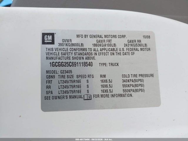 46175490 :رقم المزاد ، 1GCGG25C691118540 vin ، 2009 Chevrolet Express 2500 Work Van مزاد بيع