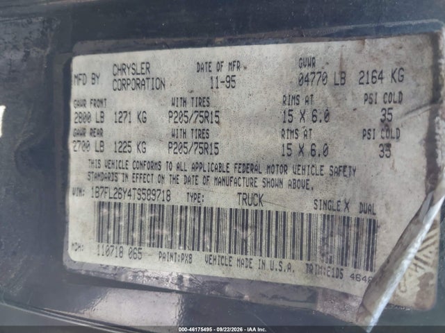 46175495 :رقم المزاد ، 1B7FL26Y4TS589718 vin ، 1996 Dodge Dakota مزاد بيع