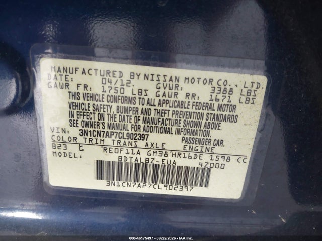 Продажа на аукционе авто 2012 Nissan Versa 1.6 Sv, vin: 3N1CN7AP7CL902397, номер лота: 46175497
