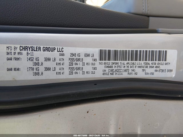 Aukcja sprzedaży 2012 Dodge Durango Sxt, vin: 1C4RDJAG2CC110872, numer aukcji: 46175499