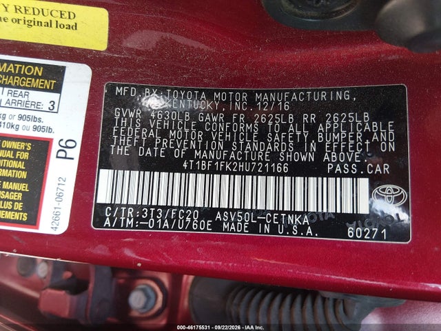 46175531 :رقم المزاد ، 4T1BF1FK2HU721166 vin ، 2017 Toyota Camry Le مزاد بيع