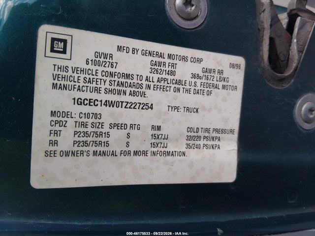 Aukcja sprzedaży 1996 Chevrolet Gmt-400 C1500, vin: 1GCEC14W0TZ227254, numer aukcji: 46175533