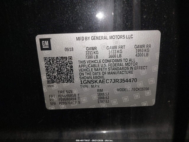Продажа на аукционе авто 2018 Chevrolet Tahoe Ls, vin: 1GNSKAEC7JR354470, номер лота: 46175537