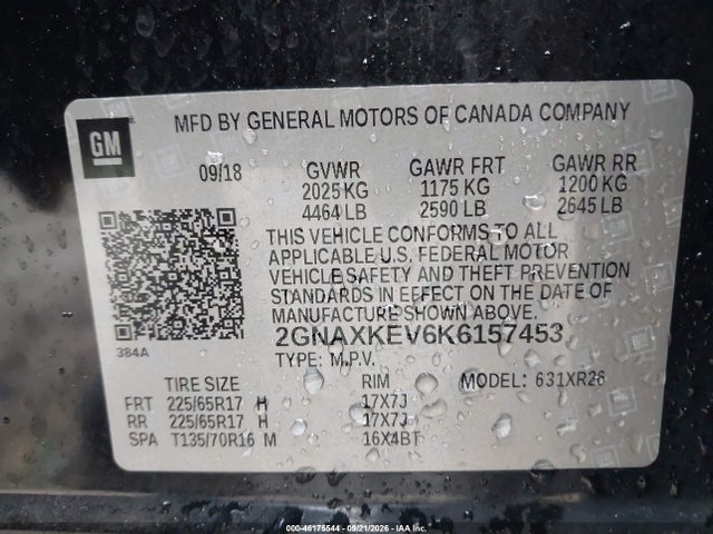 46175544 :رقم المزاد ، 2GNAXKEV6K6157453 vin ، 2019 Chevrolet Equinox Lt مزاد بيع