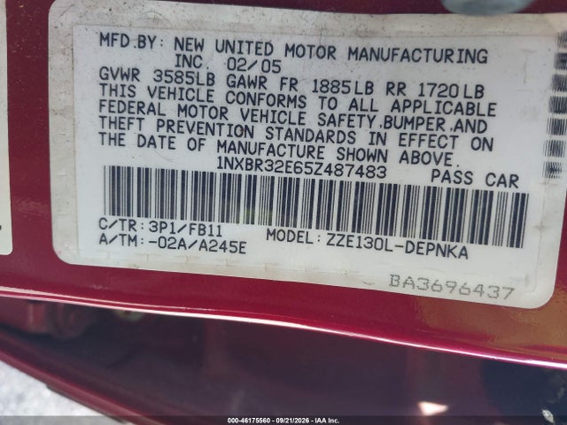 46175560 :رقم المزاد ، 1NXBR32E65Z487483 vin ، 2005 Toyota Corolla Le مزاد بيع